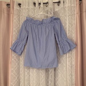 Blue and white striped on/off the shoulder blouse
